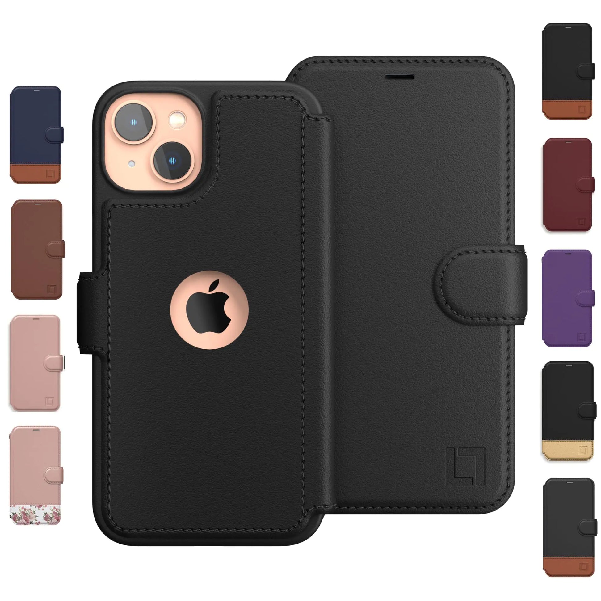 A collection of iPhone 14 wallet cases in various colors, predominantly brown and blue, with a card holder slot and a magnetic closure.