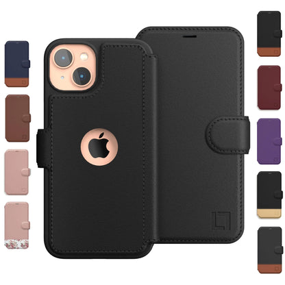 A collection of iPhone 14 wallet cases in various colors, predominantly brown and blue, with a card holder slot and a magnetic closure.