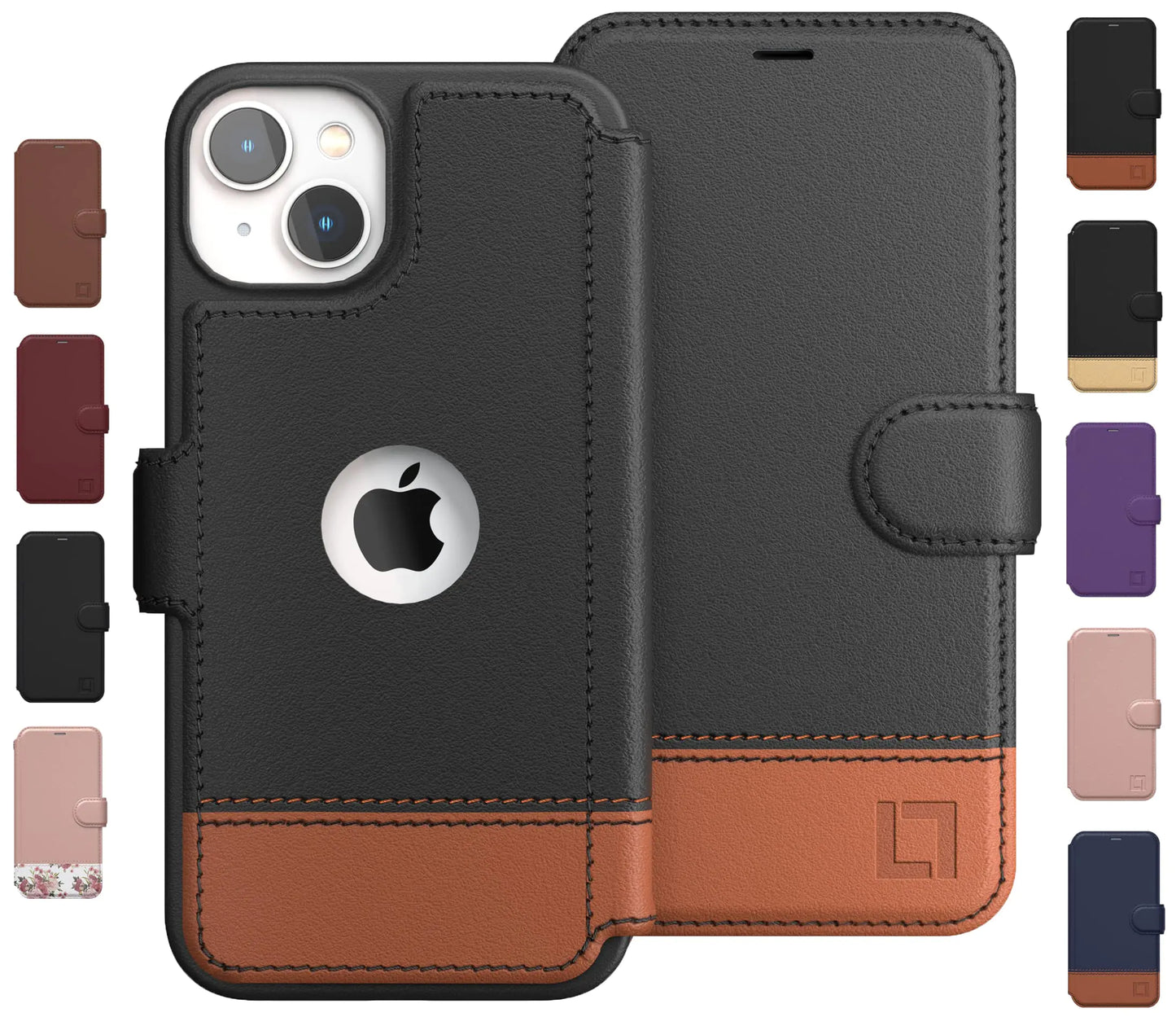 A collection of iPhone 14 wallet cases in various colors, predominantly brown and blue, with a card holder slot and a magnetic closure.