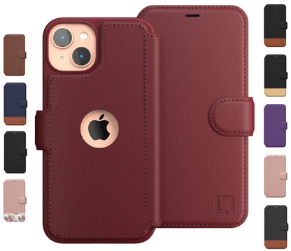 A collection of iPhone 14 wallet cases in various colors, predominantly brown and blue, with a card holder slot and a magnetic closure.
