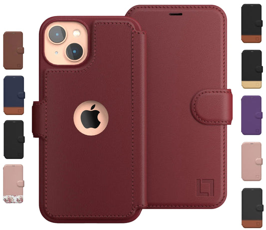A collection of iPhone 14 wallet cases in various colors, predominantly brown and blue, with a card holder slot and a magnetic closure.