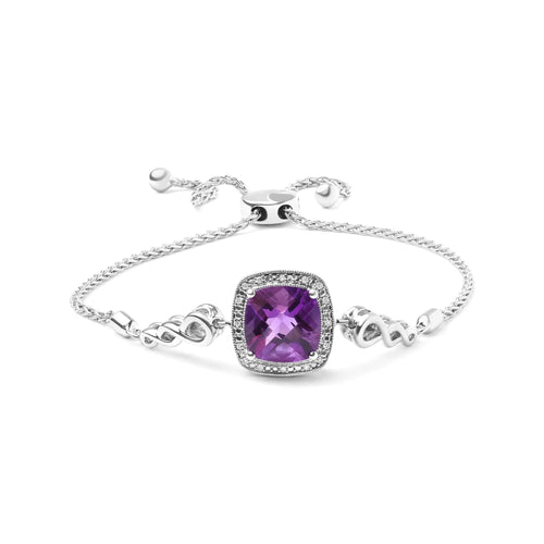 .925 Sterling Silver 10mm Cushion Cut Amethyst Gemstone and Diamond Accent Lariat 4”-10” Adjustable Bolo Bracelet (H-I Color, SI1-SI2 Clarity) WEM Support (www.WEM.support)