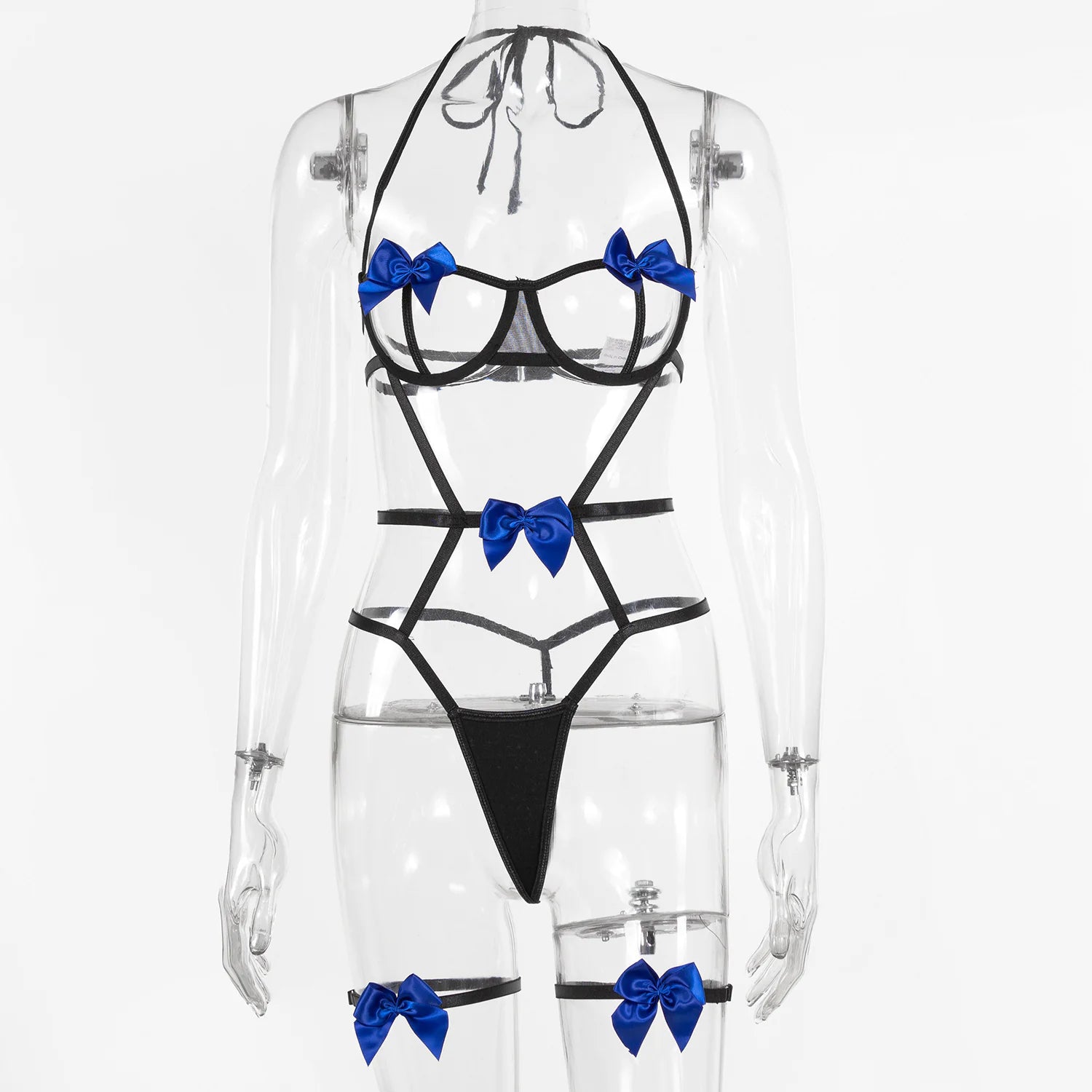 A mannequin wearing a black lace halter neck suit with blue bowknot details.