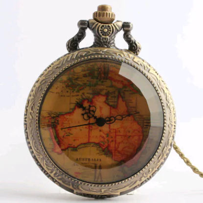 A large brown quartz pocket watch with a vintage style, featuring an Australian map design on the dial, ornate casing, and a metal chain.