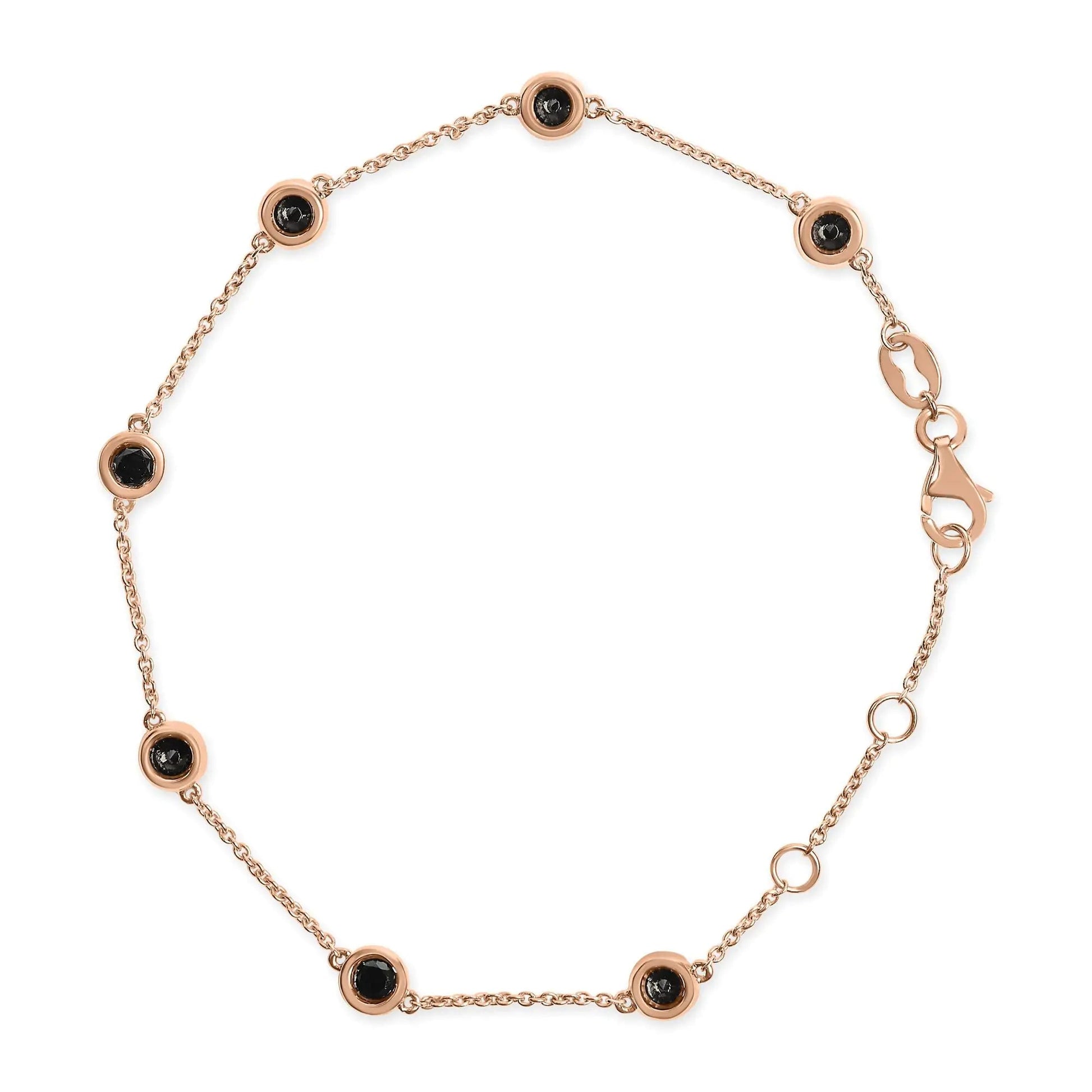 14K Rose Gold 1.00 Cttw Bezel Set Black Diamond 7 Station Link Bracelet (Black Color, I2-I3 Clarity) - 7.5" Inches WEM Support (www.WEM.support)