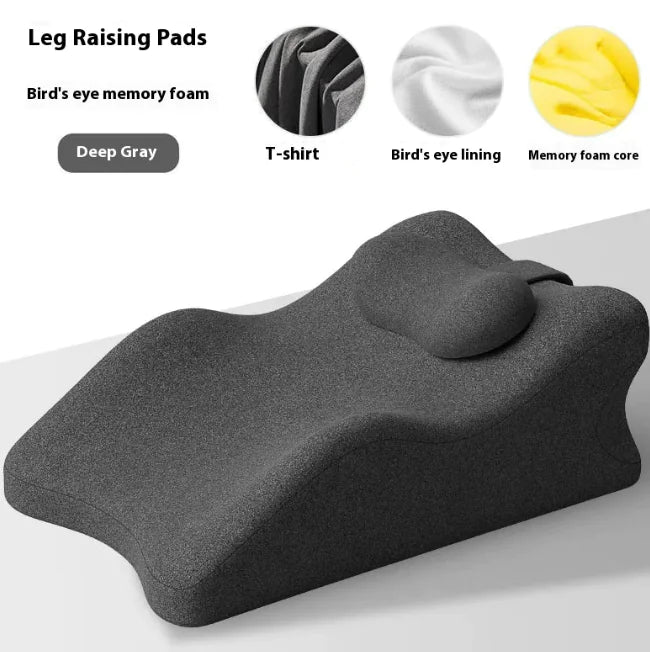  Leg raising pads made of bird's eye memory foam in deep gray color, presented with components like a T-shirt, bird's eye lining, and memory foam core displayed separately.