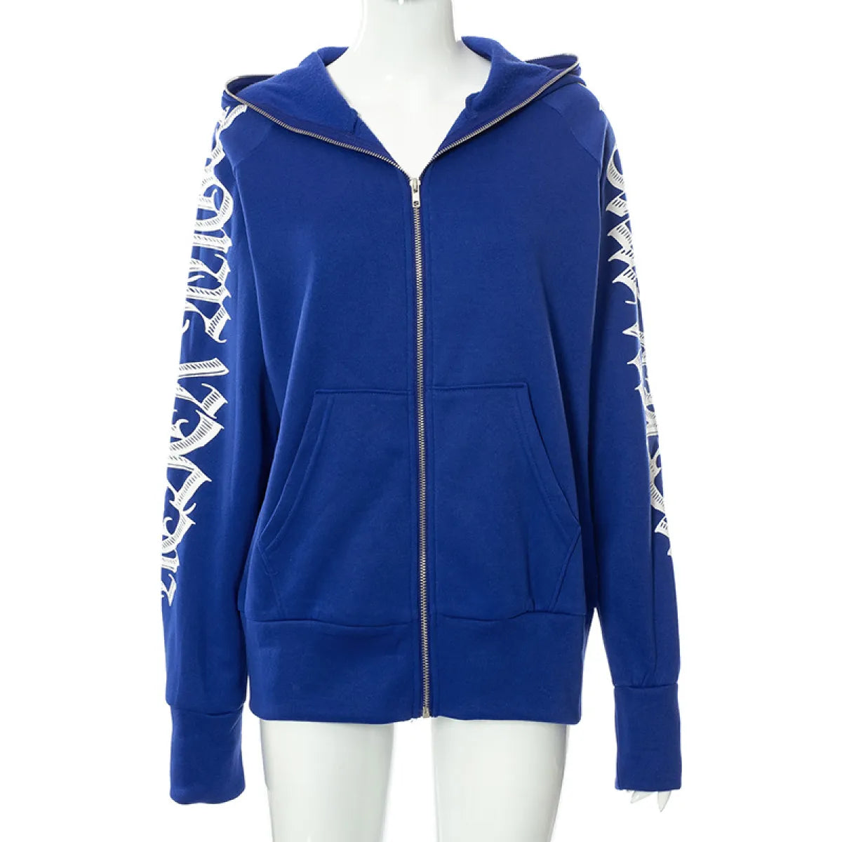 Black hoodie sweatshirt with white letter print on the sleeves, displayed on a mannequin.