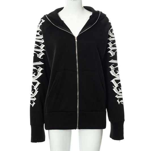 Black hoodie sweatshirt with white letter print on the sleeves, displayed on a mannequin.