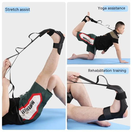 Collage of three images showing different uses of a ligament extension stretch strap: stretch assist, yoga assistance, and rehabilitation training. In each image, an individual is using the strap to assist in a stretching exercise, with the strap shown in black and white colors.