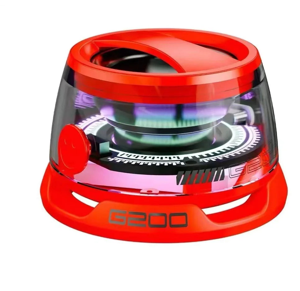 A colorful lighting speaker system with RGB lights and a transparent dome top cover, predominantly red with black and gray accents.