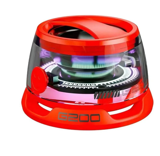 A colorful lighting speaker system with RGB lights and a transparent dome top cover, predominantly red with black and gray accents.