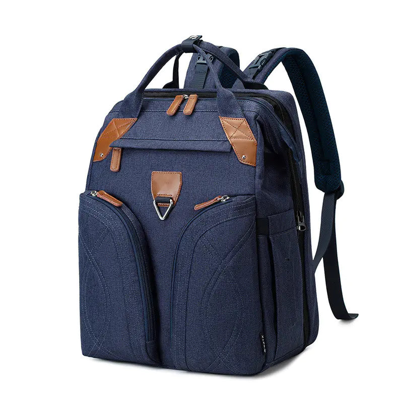 A large capacity lightweight backpack for moms and babies, primarily blue with brown accents, featuring multiple compartments and shoulder straps.