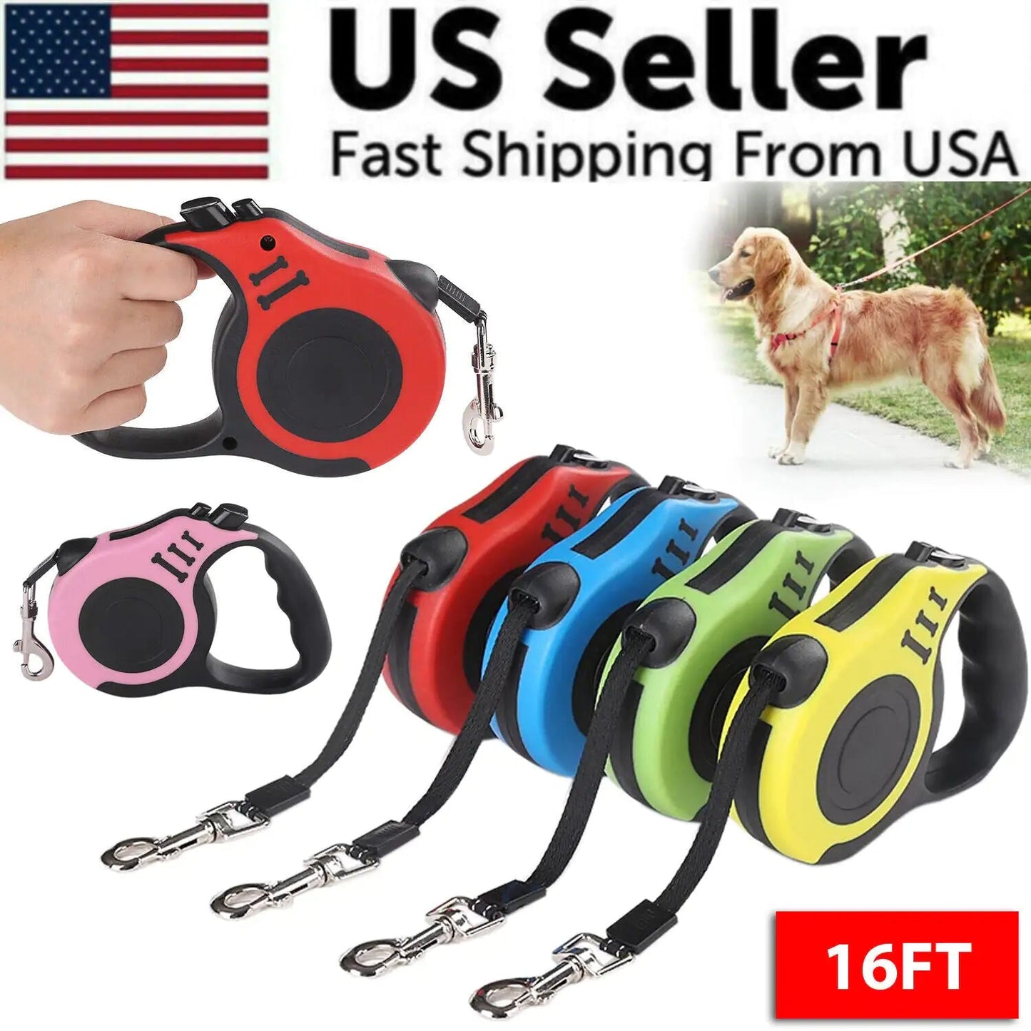 16.5FT Automatic Retractable Dog Leash Pet Collar Automatic Walking Lead Free US WEM Support (www.WEM.support)