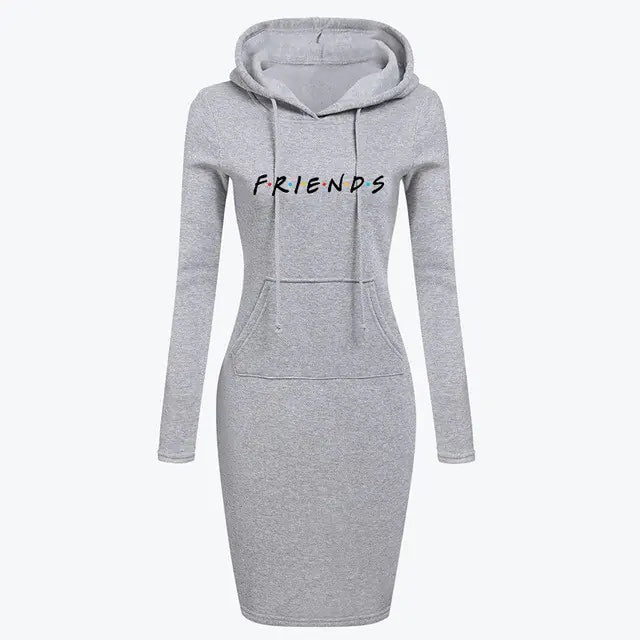 A long-sleeved gray hoodie sweatshirt for women with the word 'FRIENDS' printed on the front.