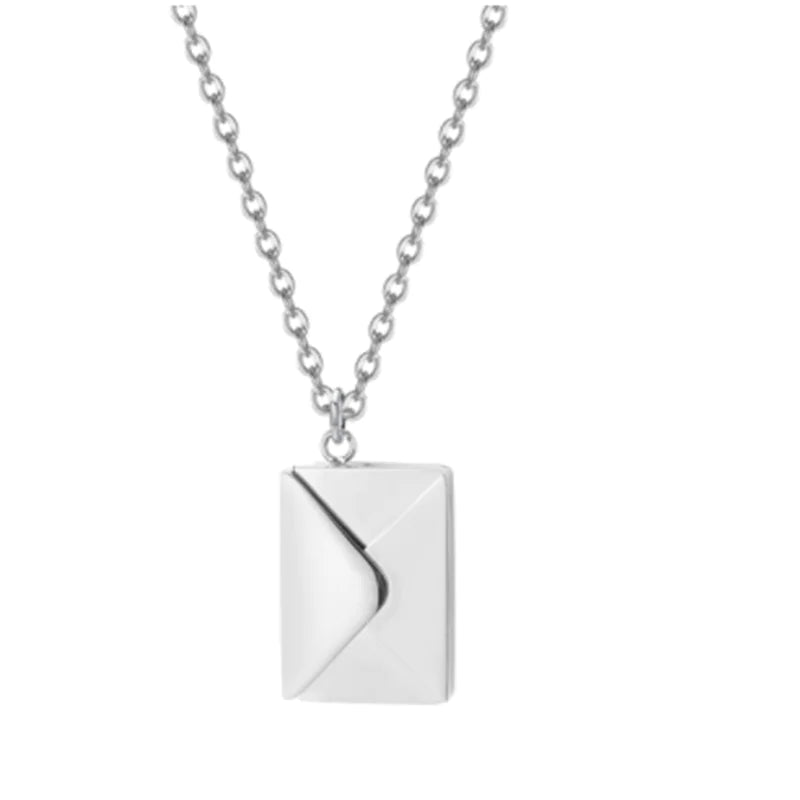 A silver stainless steel necklace with a customizable envelope pendant.