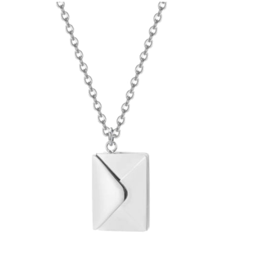 A silver stainless steel necklace with a customizable envelope pendant.