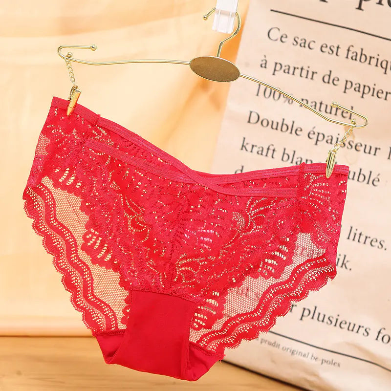 This image features a pair of low waist, sexy lace women's panties in a vibrant red color. The panties are designed with an intricate lace pattern that adds a touch of elegance and sophistication.