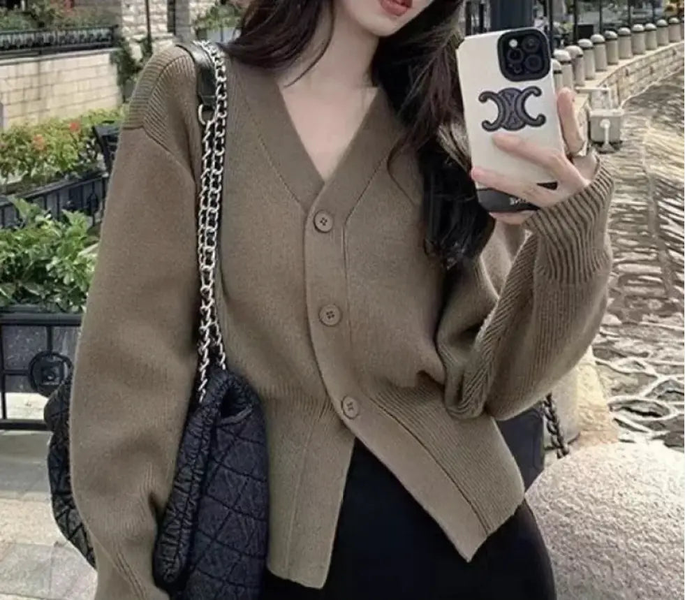 Black Sweater Cardigan Women's Outer Wear Waist-controlled Top Coat WEM Support (www.WEM.support)