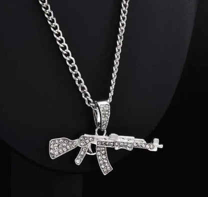 Men's Diamond-Encrusted Submachine Gun Necklace WEM Support (www.WEM.support)