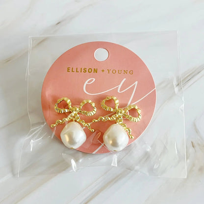 Dangle Pearl Antique Bow Earrings WEM Support (www.WEM.support)