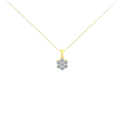 10K Yellow Gold Plated .925 Sterling Silver 1.0 Cttw Round Diamond 7 Stone Flower 18" Pendant Necklace (I-J Color, I1-I2 Clarity) WEM Support (www.WEM.support)