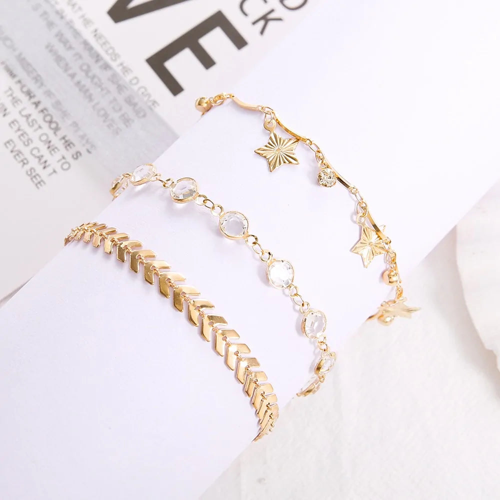 Women's Gold Color Crystal Star Anklets Set WEM Support (www.WEM.support)
