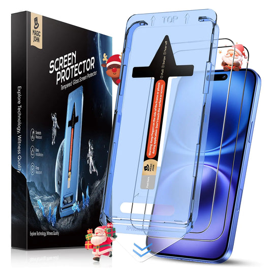 Packaging and product image of a Magic John tempered glass screen protector for iPhone, demonstrating the bubble-free feature with a visual representation of air bubbles not appearing on the screen protector.