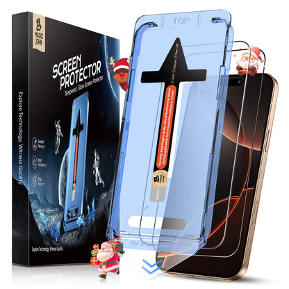 Packaging and product image of a Magic John tempered glass screen protector for iPhone, demonstrating the bubble-free feature with a visual representation of air bubbles not appearing on the screen protector.