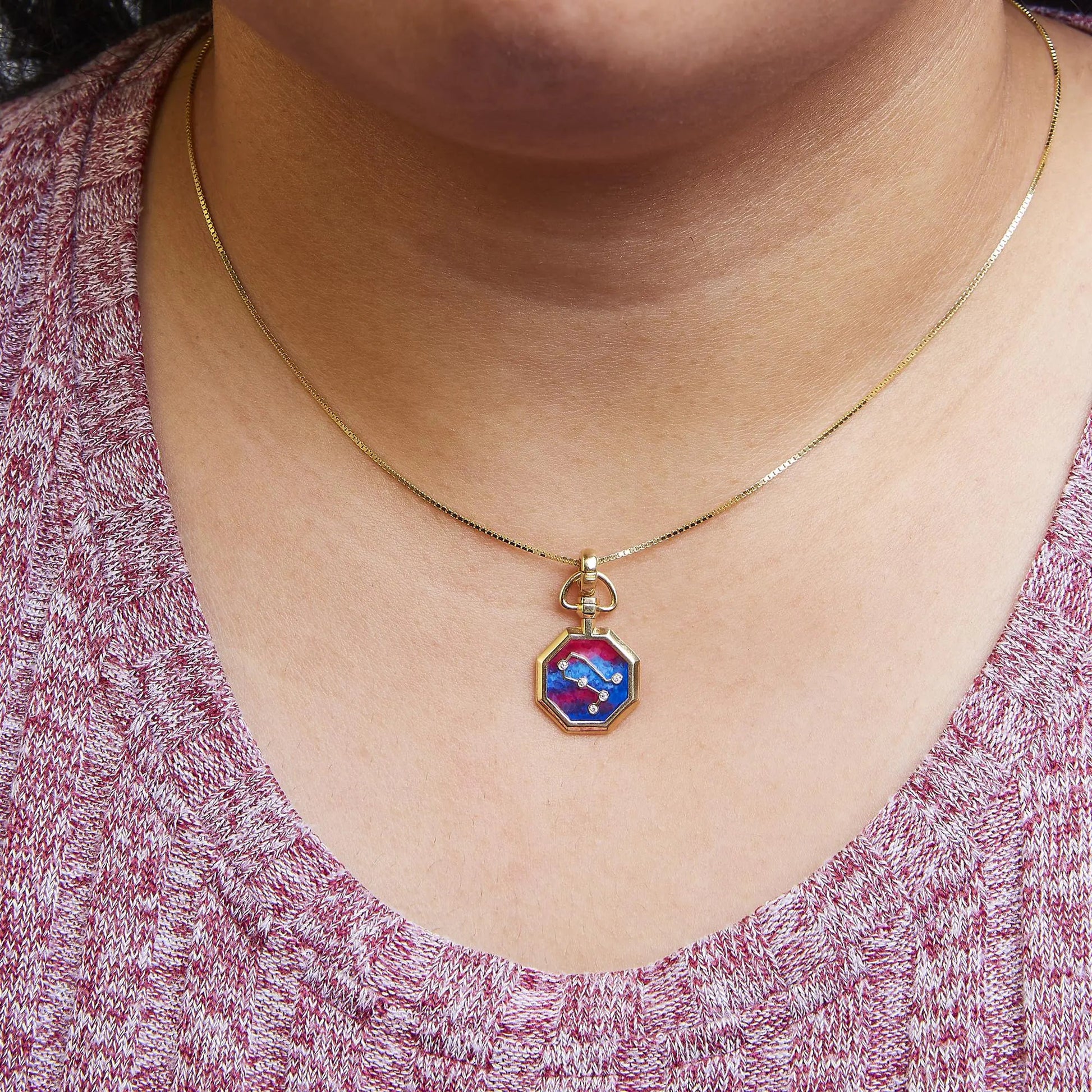 18K Yellow Gold Diamond Gemini Constellation with Red and Blue Enamel 18" Inch Pendant Necklace (H-I Color, SI2-I1 Clarity) WEM Support (www.WEM.support)