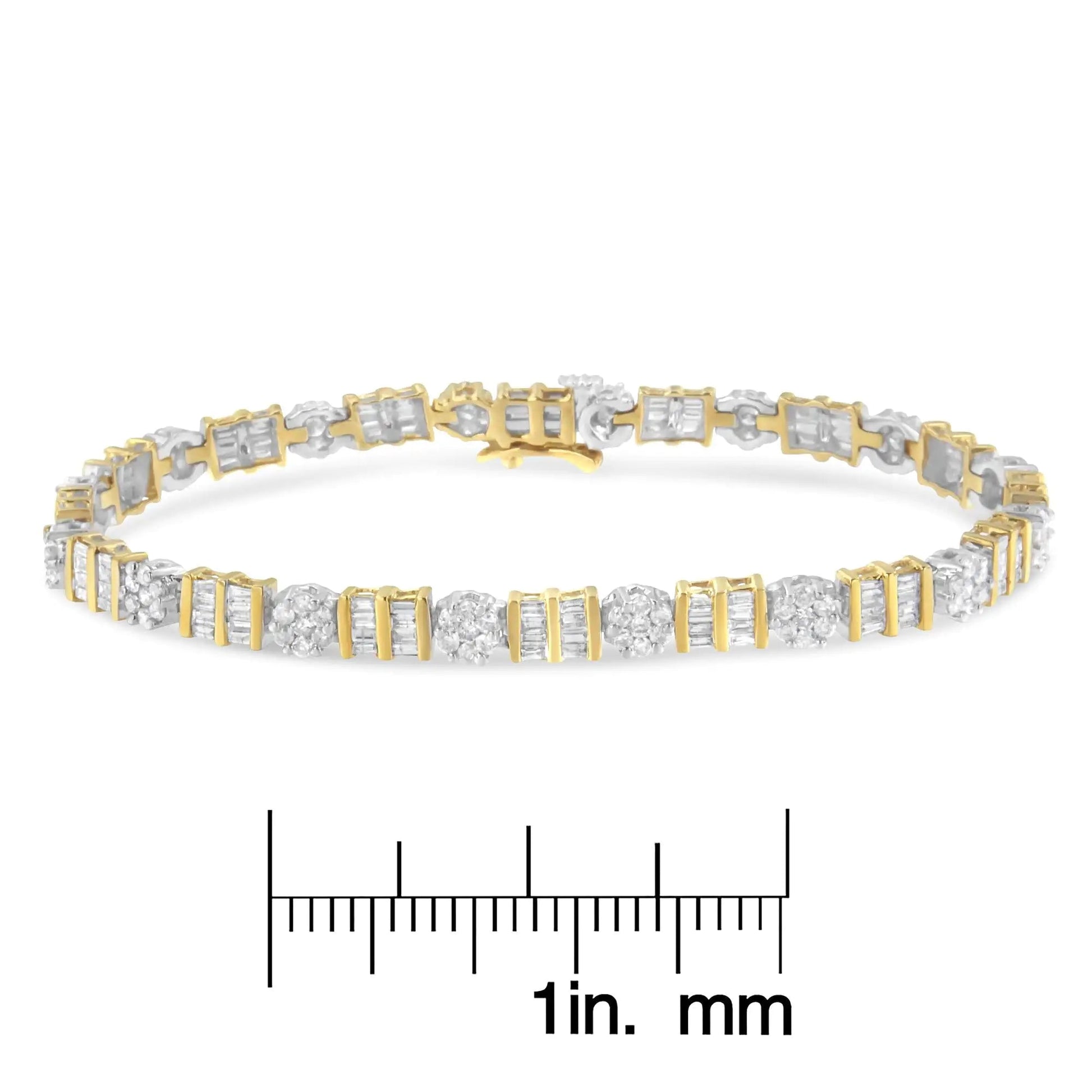 14K Gold 3-3/8 Cttw Round & Baguette-Cut Diamond Cluster Alternating Station 7" Tennis Bracelet (H-I Color, I1-I2 Clarity) WEM Support (www.WEM.support)