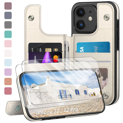 Designed for iPhone 12/12 Pro Case Wallet, Card Holder Case with [2 Screen Protectors][Magnetic Clasp Folio Cover][RFID Blocking Leather] Shockproof Women Men Cases 6.1" for Apple 12 Light Brown