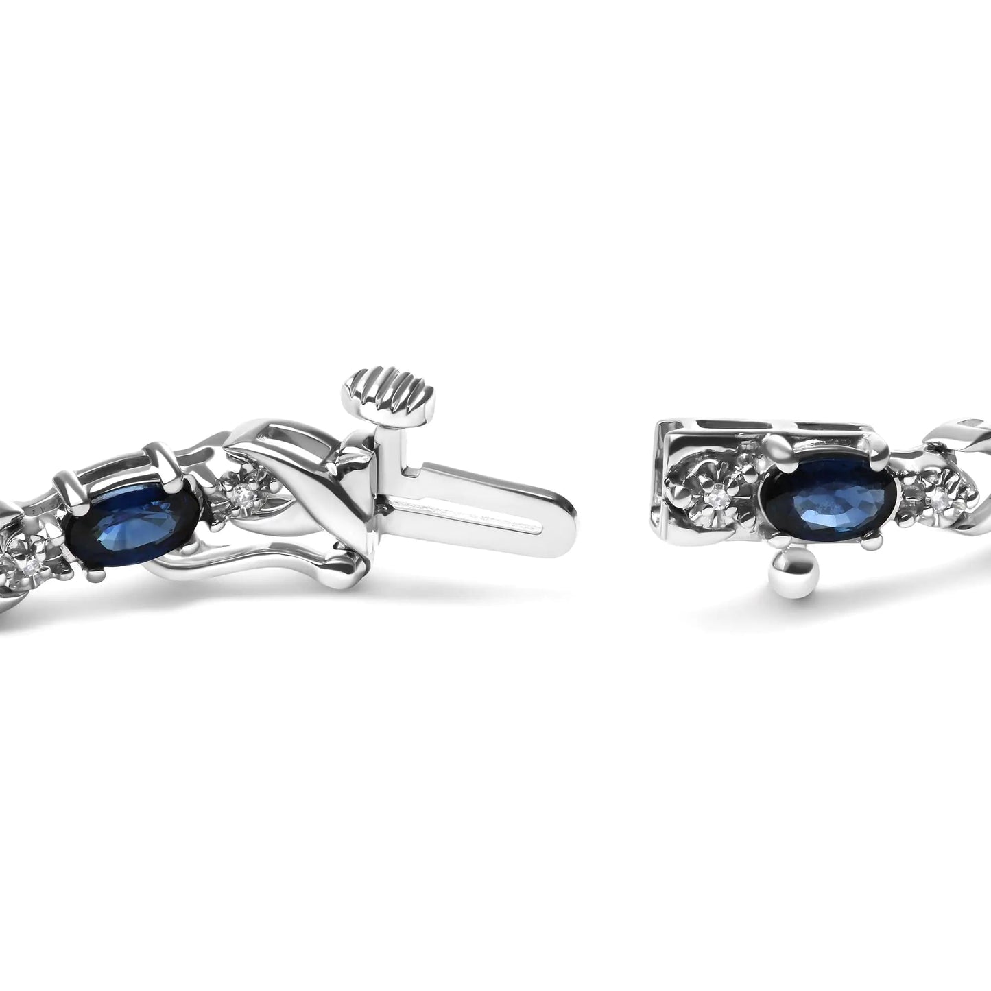 10K White Gold 5x4mm Oval Sapphire Gemstone and 1/10 Cttw Diamond Prong Set "X" Link Bracelet - Size 7" (H-I Color, SI1-SI2 Clarity) WEM Support (www.WEM.support)