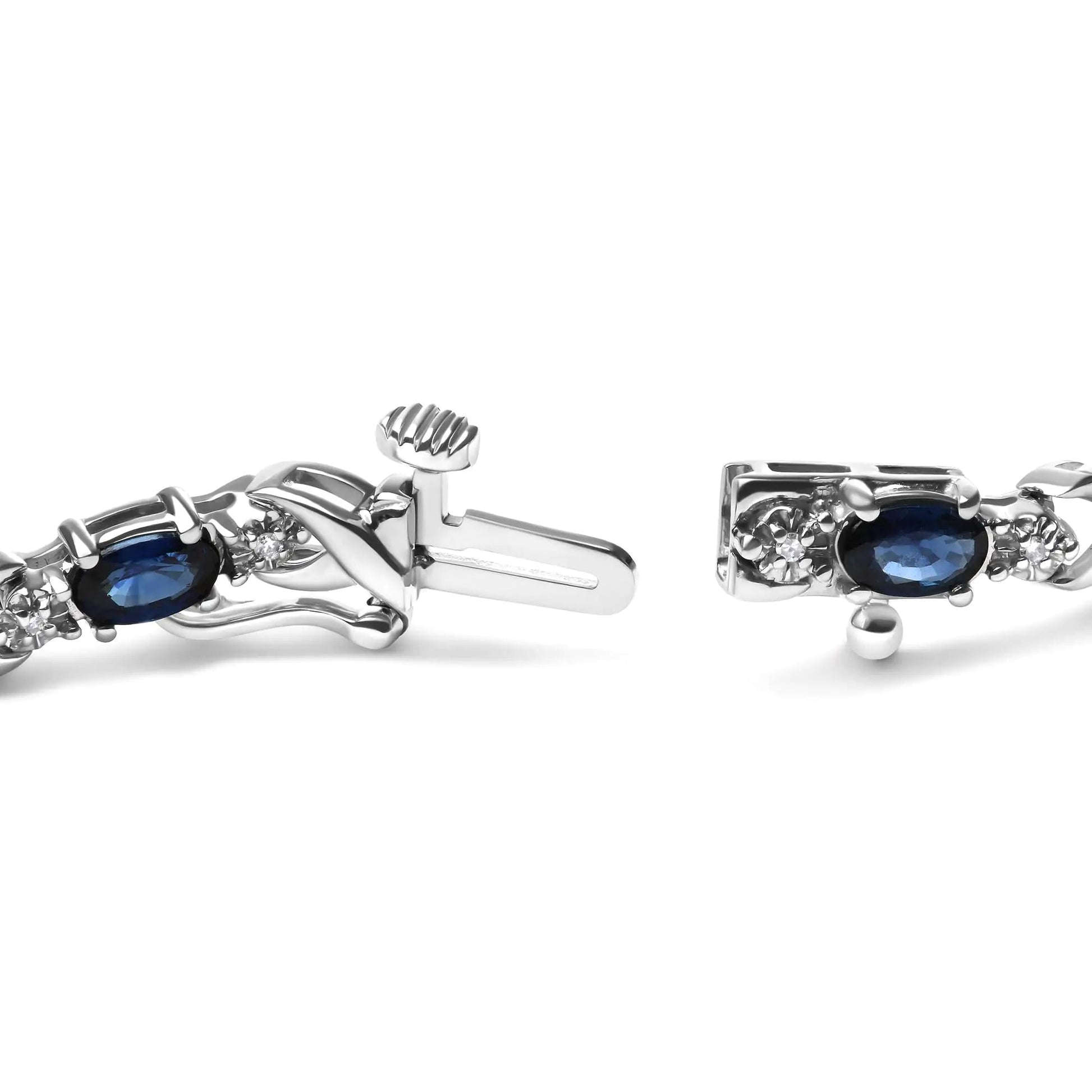 10K White Gold 5x4mm Oval Sapphire Gemstone and 1/10 Cttw Diamond Prong Set "X" Link Bracelet - Size 7" (H-I Color, SI1-SI2 Clarity) WEM Support (www.WEM.support)
