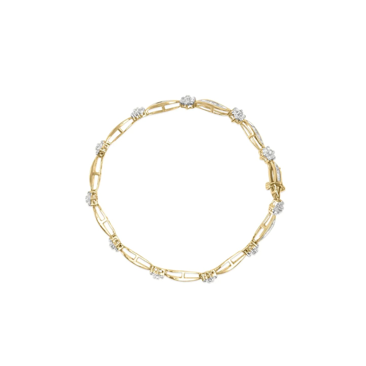 10K Yellow Gold 2.00 Cttw Round-Cut and Baguette-Cut Floral Design Swirl Link 7.5" Bracelet (H-I Color, I2-I3 Clarity) WEM Support (www.WEM.support)