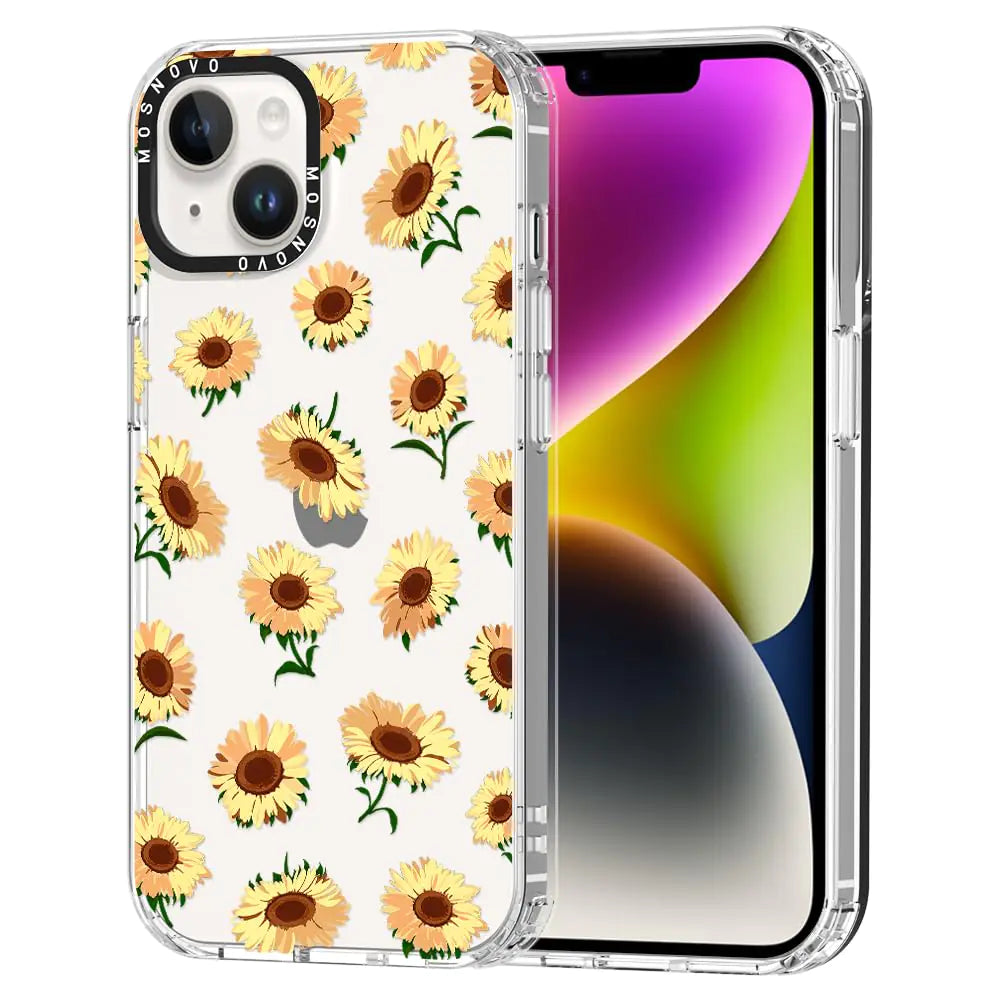A colorful phone case featuring a 70's psychedelic groovy art design with a sun, rainbow, and floral motifs on a clear background.