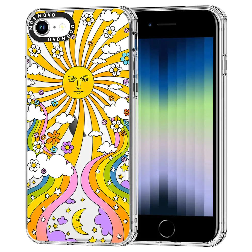 A colorful phone case featuring a 70's psychedelic groovy art design with a sun, rainbow, and floral motifs on a clear background.