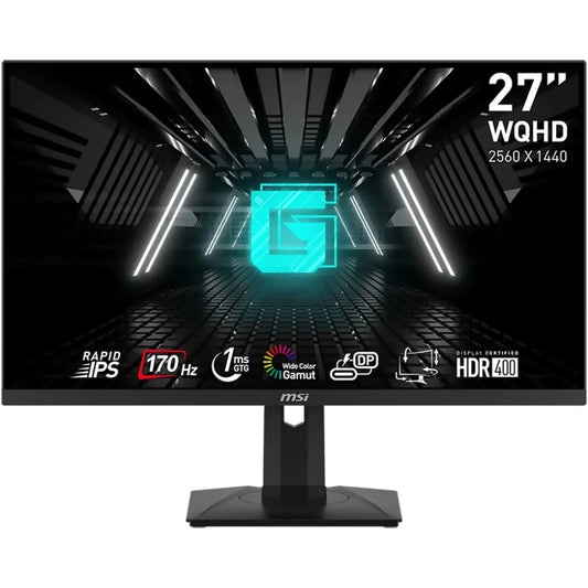 An MSI G274QPF 27-inch gaming monitor with 2560 x 1440 resolution, featuring Rapid IPS, 170Hz refresh rate, G-Sync Compatible, and HDR 400 technology. The monitor is displayed with a black color back and stand, with a graphic design on the screen.