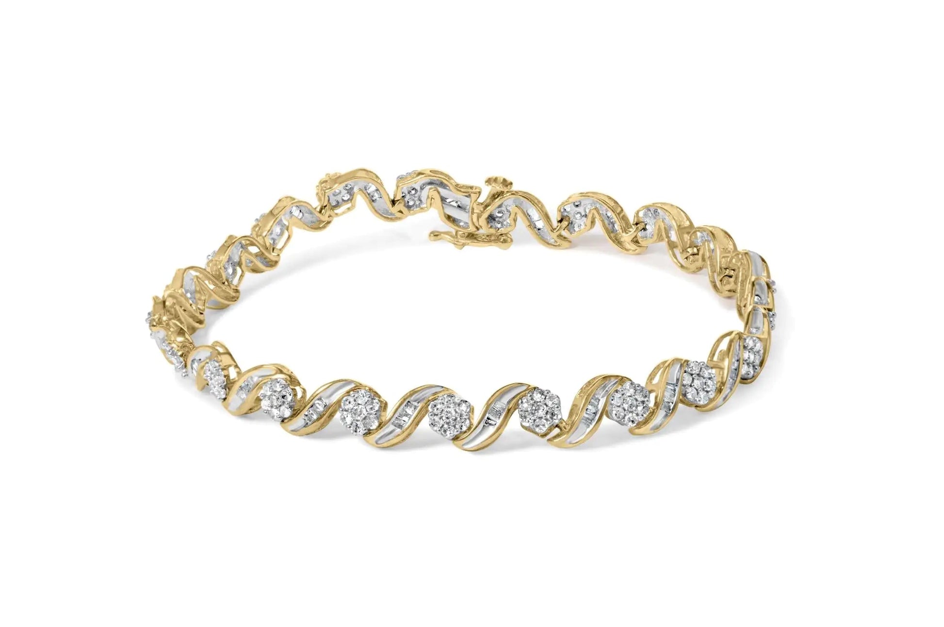 10K Yellow Gold 2.00 Cttw Round-Cut and Baguette-Cut Diamond Floral Design Swirl Link 7" Bracelet (I-J Color, I1-I2 Clarity) WEM Support (www.WEM.support)