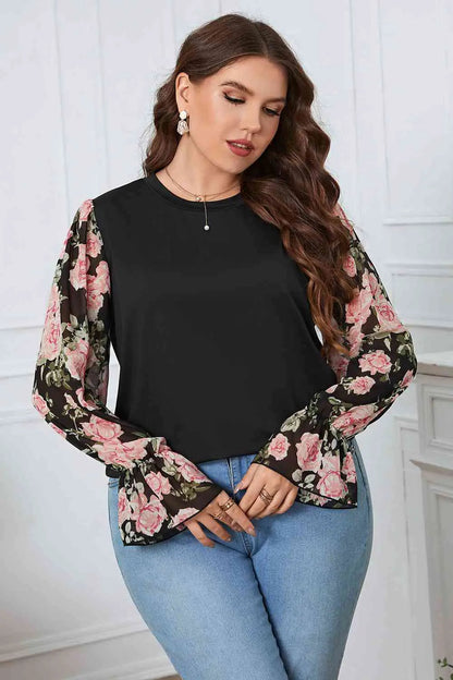 Plus Size Floral Flounce Sleeve Blouse- WEM Support (www.WEM.support)