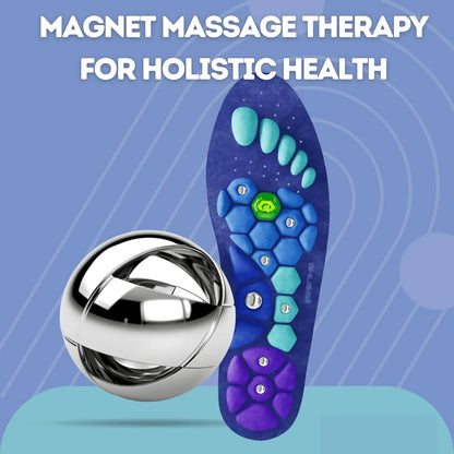 A promotional image featuring a blue magnetic acupressure foot insole with multiple magnets, accompanied by a silver magnetic ball.