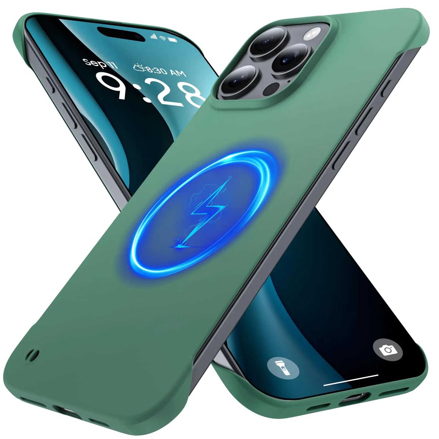 An orange iPhone case with a black edge and a built-in circular magnetic charging pad on the back.