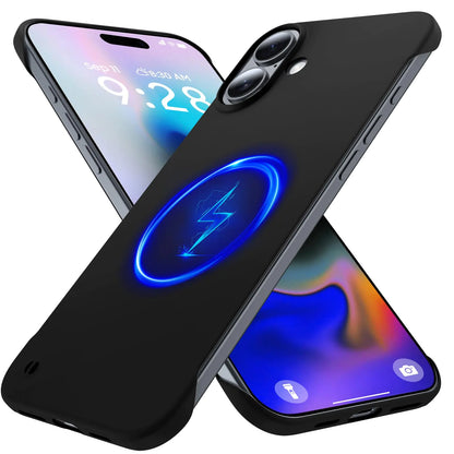 An orange iPhone case with a black edge and a built-in circular magnetic charging pad on the back.