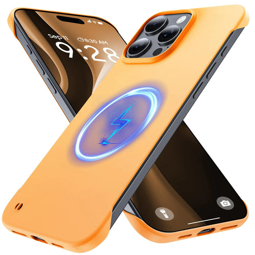 An orange iPhone case with a black edge and a built-in circular magnetic charging pad on the back.
