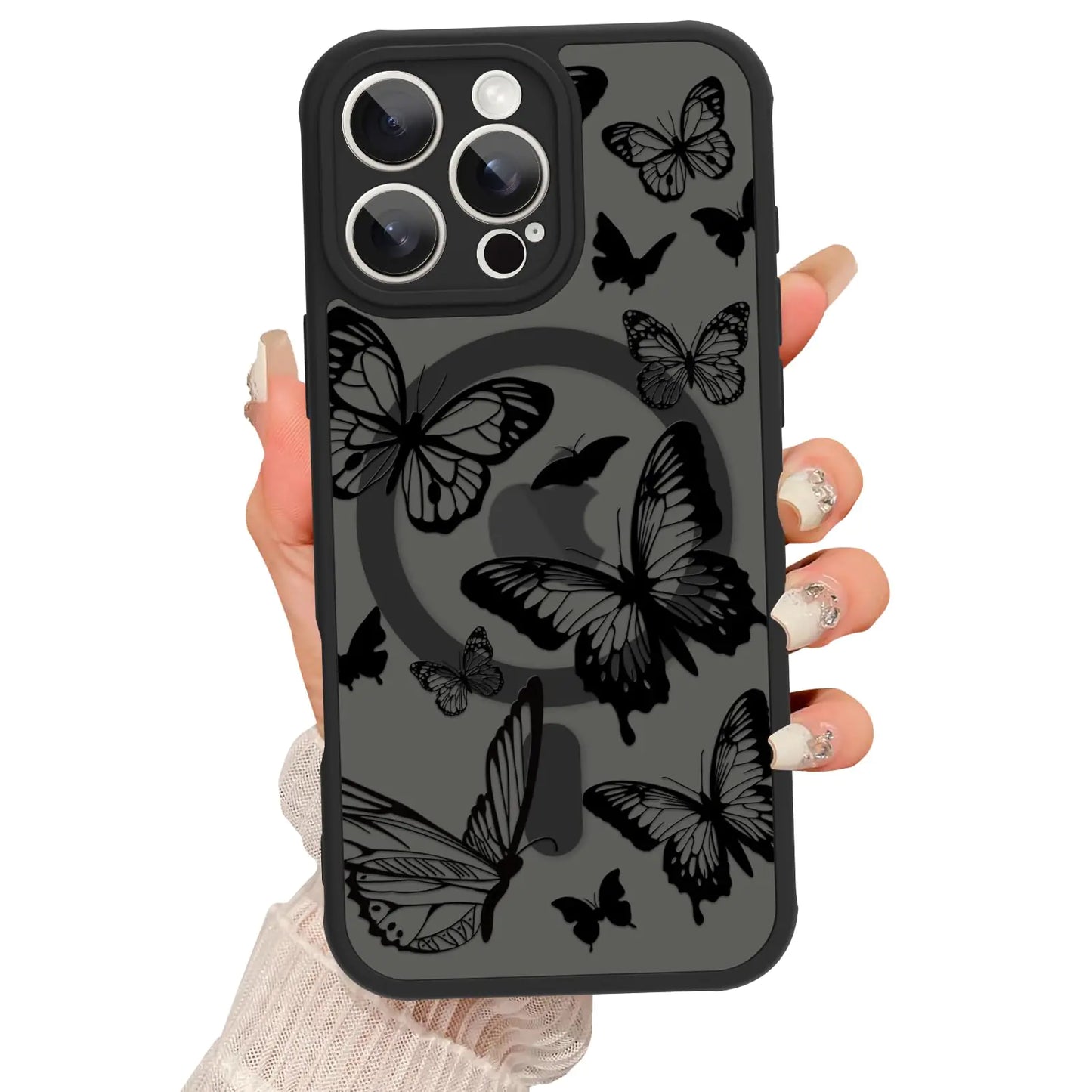 A hand holding a iPhone 14 Pro Max case with a translucent matte finish and a pattern of black butterflies.