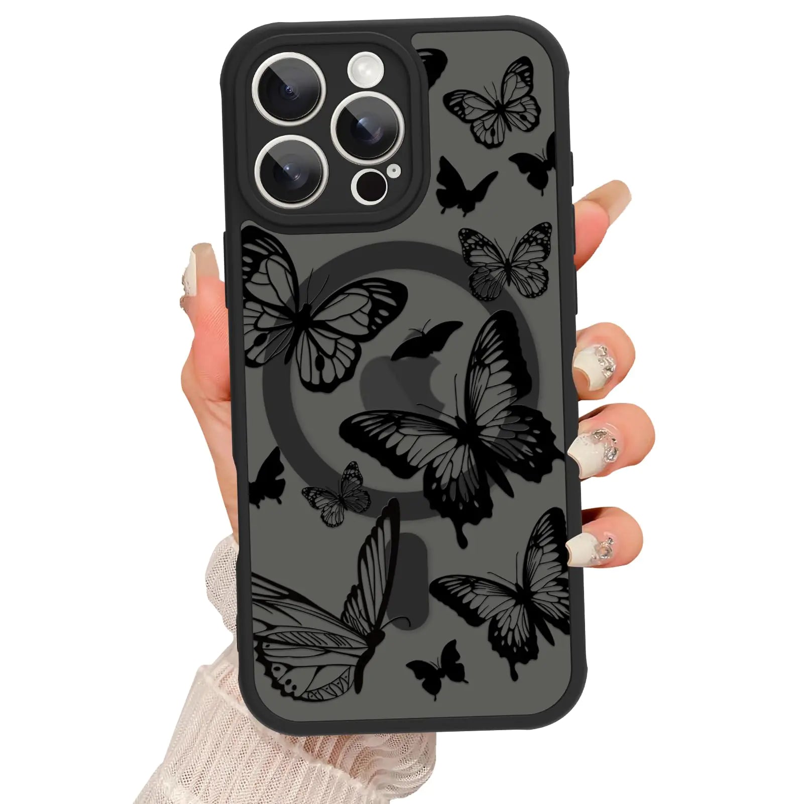 A hand holding a iPhone 14 Pro Max case with a translucent matte finish and a pattern of black butterflies.