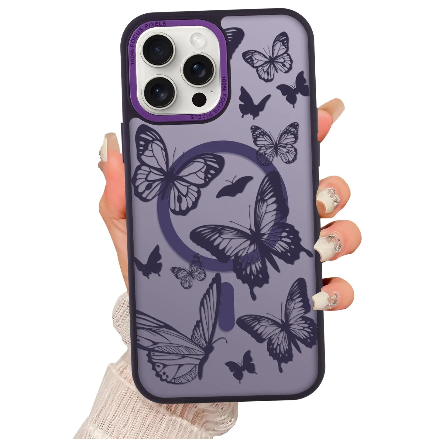 A hand holding a iPhone 14 Pro Max case with a translucent matte finish and a pattern of black butterflies.