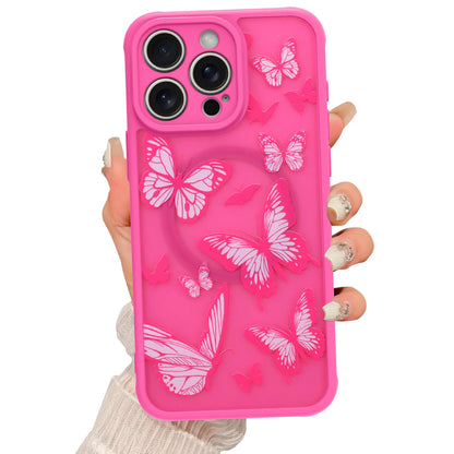 A hand holding a iPhone 14 Pro Max case with a translucent matte finish and a pattern of black butterflies.