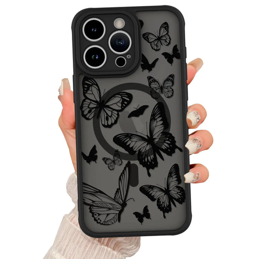 A hand holding a iPhone 14 Pro Max case with a translucent matte finish and a pattern of black butterflies.
