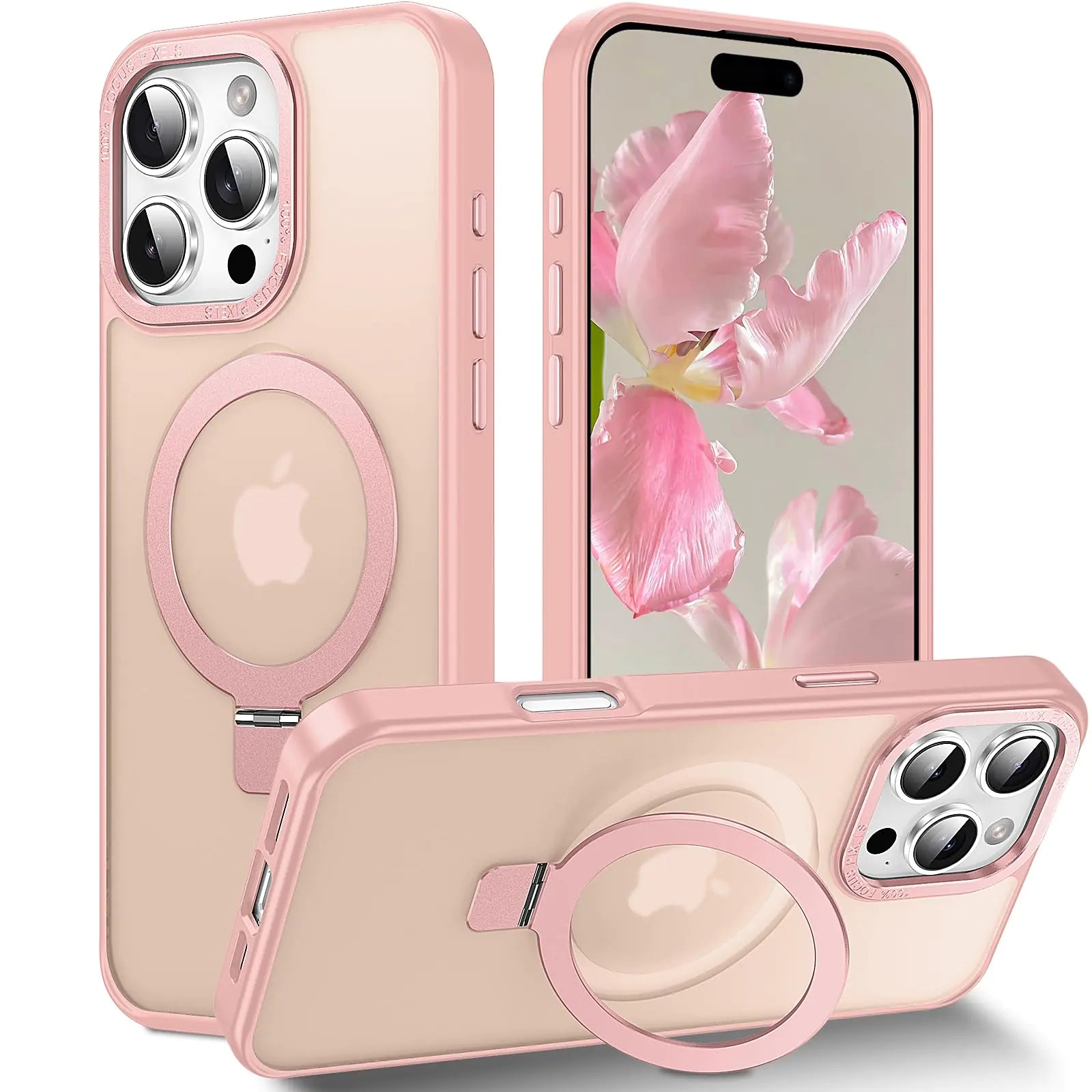 A pink magnetic phone case for iPhone 16 Pro Max with a velvety touch and invisible stand, showcasing front, side, and back angles with the case on a reflective surface.
