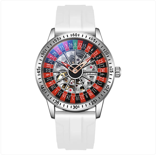 A men's automatic mechanical watch with a white strap and a round dial featuring a colorful pattern resembling a roulette wheel, with a silver case and buckle.
